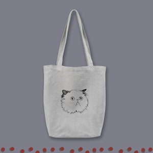 Handmade, Persian Cat Tote Bag, Natural Linen Bag, Cat Printed Shoulder bag