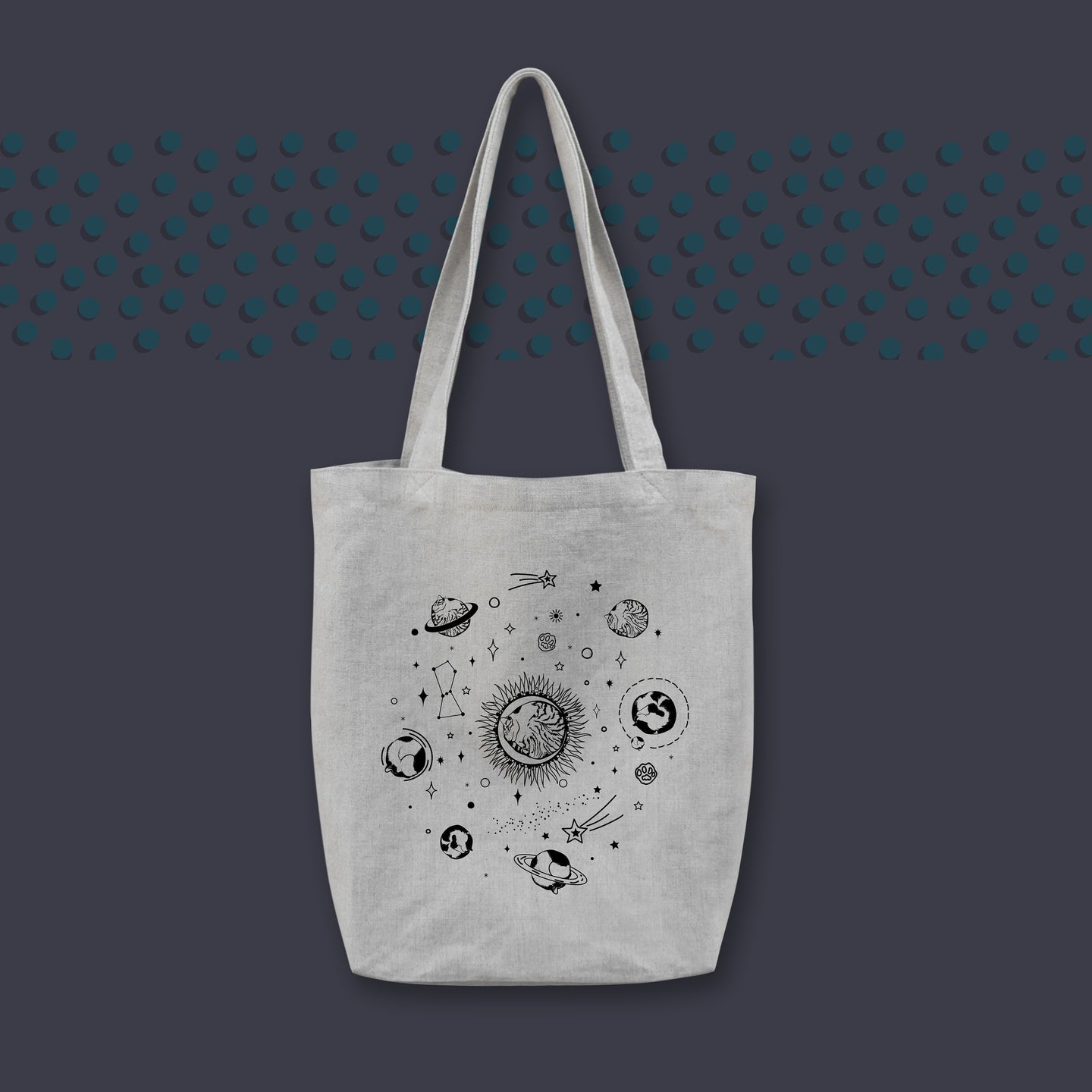 Natural Linen Bag, Handmade, Cat Universe Tote Bag, Cat Printed Shoulder bag
